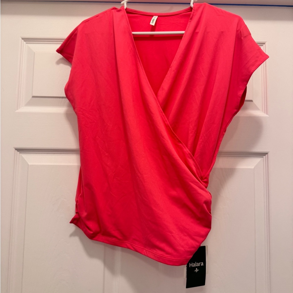 HALARA NWT! Pink V Neck Cap Sleeve Crossover Ruched Blouse Small
